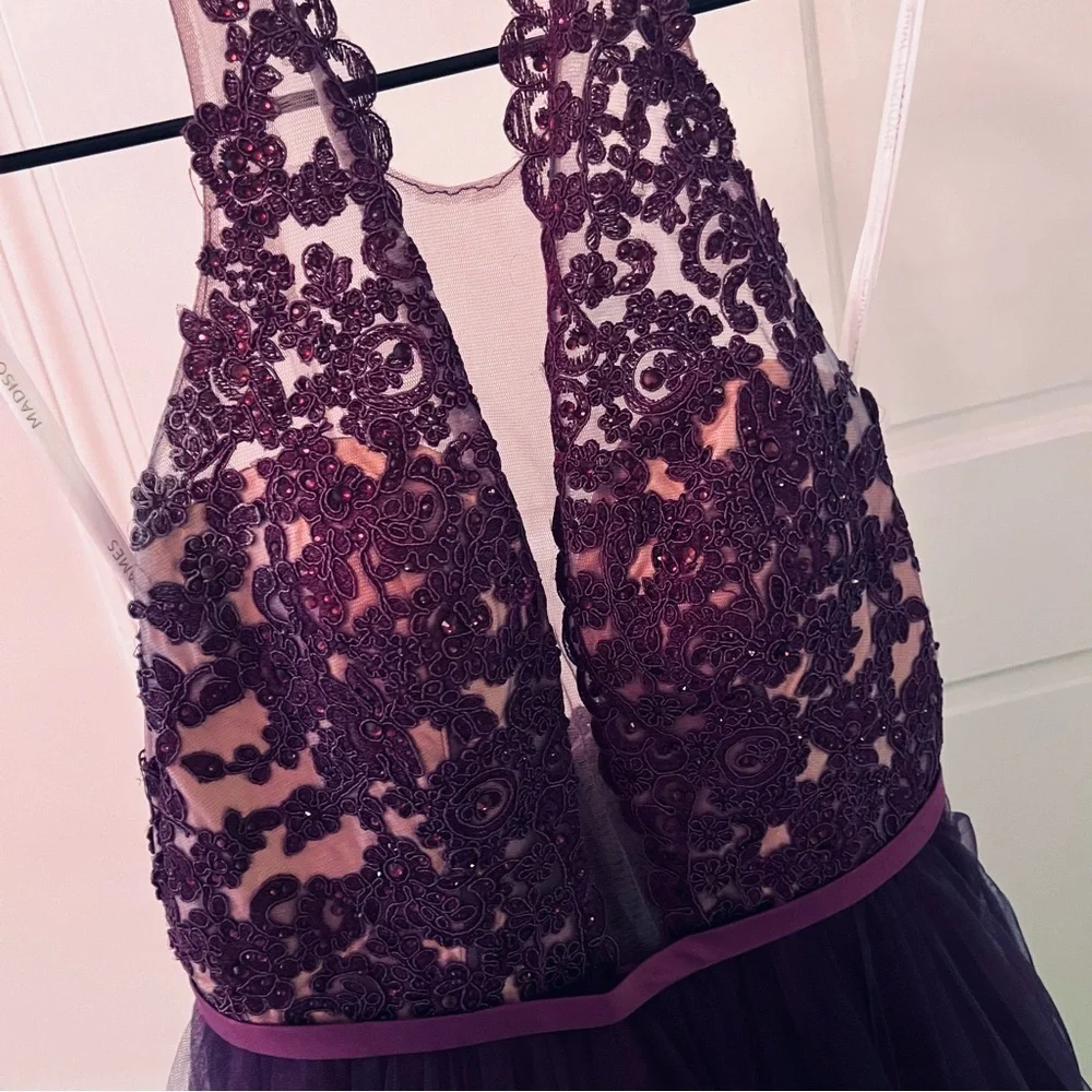 MADISON JAMES Elegant Purple Floral Lace Maxi Formal Ball Gown - Picture 4 of 17